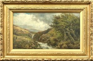 Mountains With Waterfall And Hiker
