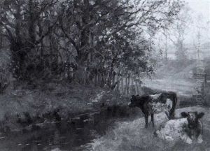 Cattle Grazing Beside A Stream by J. Valentine Davis