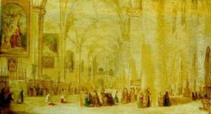 Cathedral Interior With Figures At Prayer by John Scarlett Davis