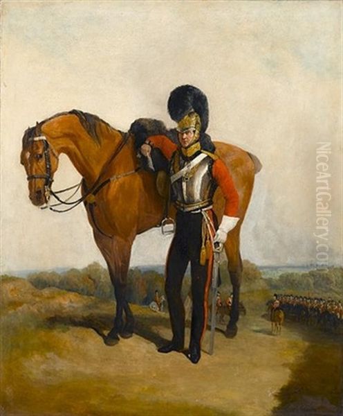 An Officer Of The 2nd Life Guards In Full Dress With His Horse, Windsor Castle In The Background - view 1