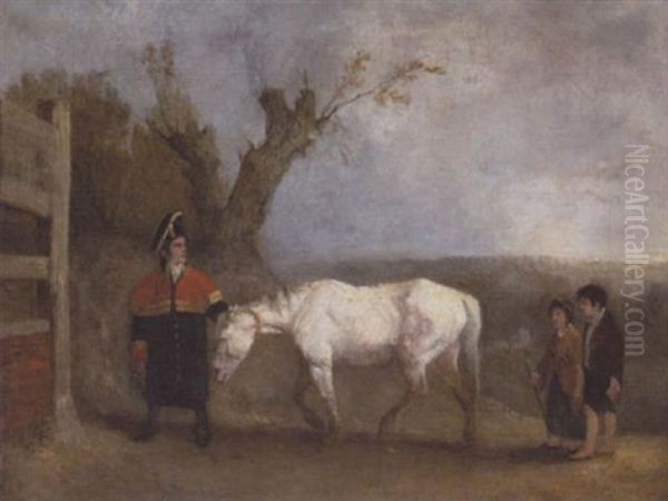 Soldat Og Born Med Hest Ved Et Led - view 1