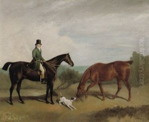 Ralph John Lambton With Two Hunters And A Terrier In A Landscape by Richard Barrett Davis