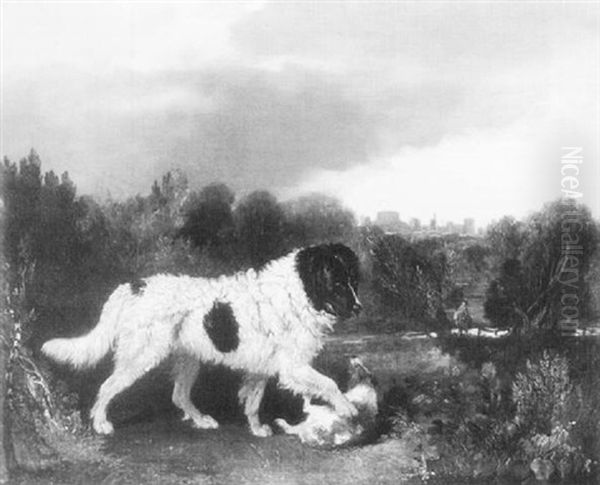 A Newfoundland And A Spaniel Playing In A Landscape With A View Of Windsor Castle - view 1