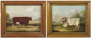 A Prize Bull In A Landcape; And A Prize Cow In A Landscape by William Henry Davis
