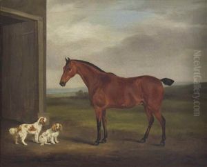 A Chestnut Mare And Two Spaniels Before A Stable Door