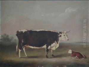 A Cow And A Calf In A Landscape by William Henry Davis