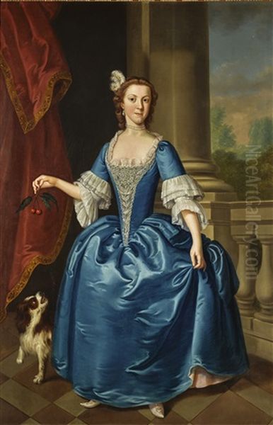 Portrait Of A Young Lady, Full-length, In A Blue Dress With A Spaniel At Her Side, With A Landscape Beyond - view 1