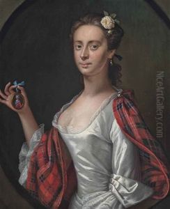 Portrait Of A Lady, Believed To Be Jenny (jean) Cameron, Half-length, In A White Dress And Tartan Wrap, Holding A Miniature Of Bonnie Prince Charlie...