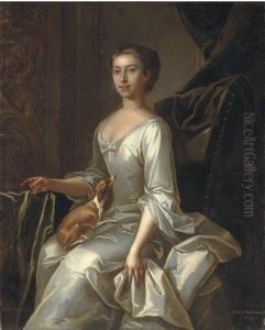 Portrait Of Lady Raymond Of Abbot's Langley, Seated, In An Oyster Satin Dress, With A Toy Terrier In Her Lap, A Plaster Relief And Green Curtain Beyond by Jeremiah Davison