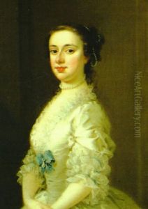 Portrait Of A Lady (catherine Sancroft?) Wearing A White Dress And Pearl Necklace And Ornaments