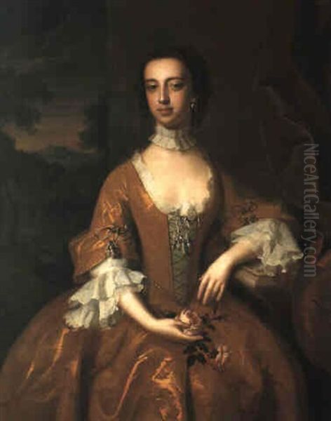 Portrait Of A Lady In A Gold Dress Holding Pink Roses - view 1