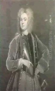 Portrait Of A Man, Standing Half Length, In A Full Bottomed Wig, Red Coat, Brown Breeches And Breastplate by Jeremiah Davison