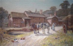 A Farmyard Scene With A Milkmaid And Cart Horses by Joseph Yelverton Dawbarn