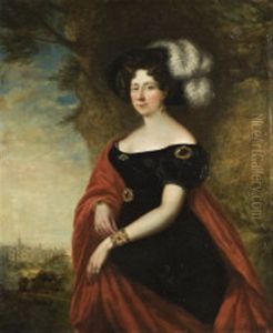 Portrait Of A Lady, In A Plumed Hat, Black Jeweled Gown And Red Cloak, In The Grounds Of A Gothic Palace