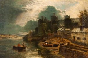 Riverscape With Boats, Figures And Houses by Henry Dawson