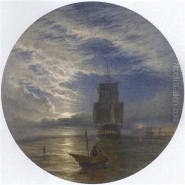 A Frigate Becalmed Off A Port By Moonlight - view 1
