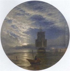 A Frigate Becalmed Off A Port By Moonlight by Henry Dawson