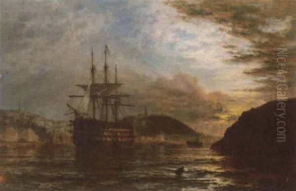 A Three-decker Lying At Anchor In The River At Dusk - view 1