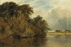 The River Trent, With Men Rowing In Boats by Henry Dawson