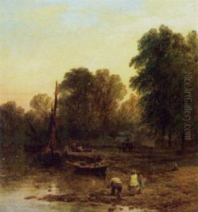 Shoreline Scene With Boats And Figures Shoreline Scene With Boats And Figures