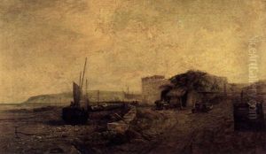 A Coastal Scene With Figures On A Path In The Foreground by Henry Dawson