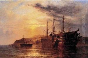 A Three Decker Laying By A Hulk With A Steamship Heading To Shore Off The Devonshire Coast A Three Decker Laying By A Hulk With A Steamship Heading To Shore Off The Devonshire Coast