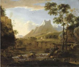 Paesaggio Fluviale Con Pastori E Armenti E Alpi Apuane Sullosfondo Paesaggio Fluviale Con Pastori E Armenti E Alpi Apuane Sullosfondo