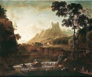 A Mountainous Landscape With Herders Watering Their Animals In The Foreground, A Fortress Beyond