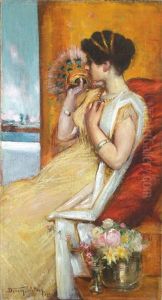 Portrait Of A Woman With Fan Gazing Out Window (possibly The Artist's Wife, Mary Hoyt Sellar) by Dawson Dawson-Watson