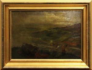 Landscape With Horse-drawn Carriage And Woman With Umbrella In A Storm (2 Works) by William Cave Day
