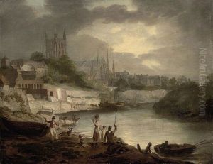 A View Of Worcester Cathedral From The Wye, With A Washerwoman And Anglers In The Foreground, And Fishing Boats Tied Up Beyond