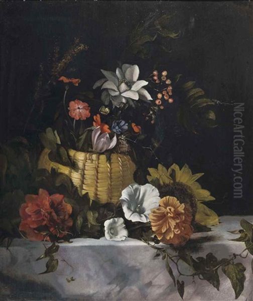 A Basket Of Flowers On A Marble Ledge - view 1