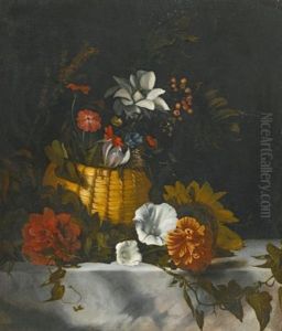 A Still Life Of A Basket Of Flowers On A Large Marble Ledge
