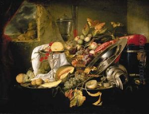 A Silver Tazza, A Basket And Silver Platters With Fruit, An Overturned Silver Flagon And Other Objects On A Draped Table Before A Window