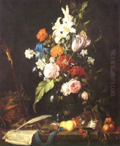 A Still Life With Flowers In A Vase And Fruit, A Conch And A Writing Quill On A Ledge by Jan Jansz de Heem the Younger