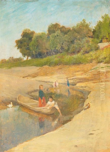 Children Playing In A Stream In Summer - view 1