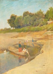 Children Playing In A Stream In Summer