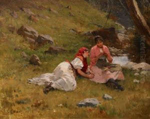 Paysannes Tissant Une Couronne De Fleurs by Lajos Deak Ebner