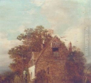 Children Before A Welsh Cottage by Peter Deakin