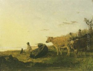 A Landscape At Dawn With Figures And Cattle Resting In The Foreground A Landscape At Dawn With Figures And Cattle Resting In The Foreground