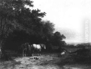 Farmer Preparing His Horses For The Day's Work by John Dearman