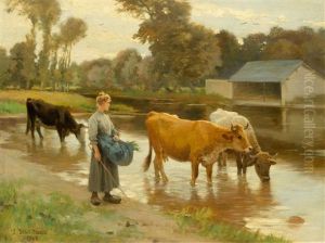 Peasant Woman With Cows By A River
