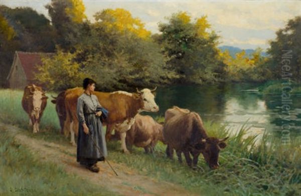 Young Woman By A Stream With Cattle - view 1