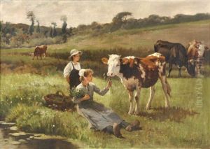 Paisaje Con Vacas Y Jovenes Campesinos