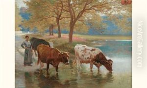 Gardeuse De Vaches Et Son Troupeau A L'abreuvoir
