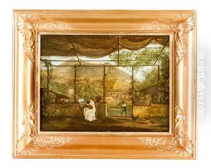 Brazilian Landscape With Lady Sitting By Easel Painting, A Servant, Under A Pergola, With View To A Village In Landscape by Jean Baptiste Debret