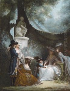 Eine Elegante Gesellschaft Unter Einem Zelt Im Park (+ Der Morgenbesuch; 2 Works) by Philibert-Louis Debucourt