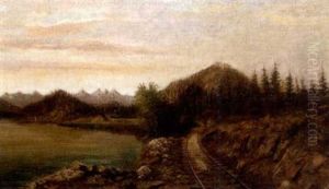 Western Landscape With Train Rounding The Bend Of A Lake by Ralph Earl Decamp