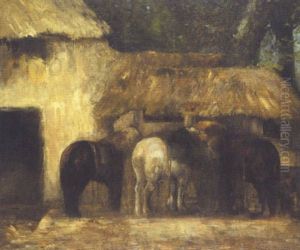 Trois Chevaux Devant Une Caumiere by Albert Decamps