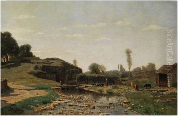 Franzosische Hugellandschaft Mit Figuren, Kuhen Und Federvieh - view 1